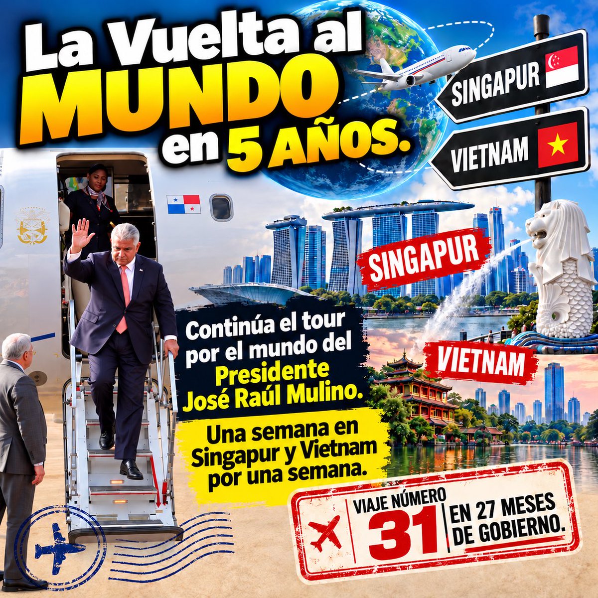 AlvaroAlvaradoC's tweet photo. 🌎✈️ LA VUELTA AL MUNDO EN 5 AÑOS

Continúa la agenda internacional del presidente José Raúl Mulino, quien nuevamente viajará fuera del país. Esta vez el destino será Singapur y Vietnam, en una gira de una semana.

De acuerdo con el registro que presentamos, este sería el viaje internacional número 31 en 27 meses de gobierno.

Los viajes presidenciales forman parte de la gestión diplomática y comercial de cualquier gobierno. La discusión ciudadana, sin embargo, también puede centrarse en sus objetivos, costos, delegaciones participantes y resultados concretos para Panamá.

El propio Gobierno ha destacado en recientes encuentros internacionales la búsqueda de inversiones y el posicionamiento de Panamá como centro logístico, energético y comercial. 

Por eso, más allá de contar cuántas veces viaja un Presidente, también corresponde preguntar:

¿Qué resultados están dejando estas giras? ¿Cuánta inversión se ha concretado? ¿Qué acuerdos se han alcanzado? ¿Cuánto han costado al Estado y cuáles son sus beneficios medibles para el país?

La rendición de cuentas permite que cada ciudadano pueda evaluar por sí mismo si los resultados obtenidos justifican los recursos utilizados.

#Panamá #JoséRaúlMulino #Presidencia #ViajesPresidenciales #Singapur #Vietnam #Transparencia #RendiciónDeCuentas