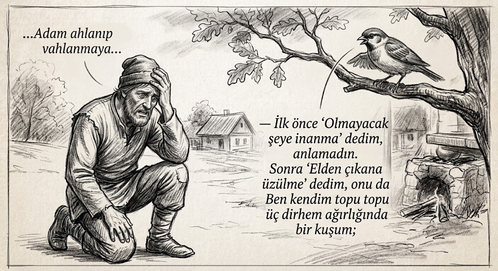 Vefa_1_Erdemdir's tweet photo. Adam ahlanıp vahlanmaya, dizlerini dövmeye başladı. Kuş ona bakıp şöyle dedi:

— İlk önce "Olmayacak şeye inanma" dedim, anlamadın.
Sonra "Elden çıkana üzülme" dedim, onu da anlamadın.
Ben kendim topu topu üç dirhem ağırlığında bir kuşum; https://t.co/15G1Liw7op