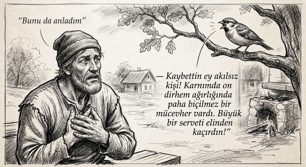 Vefa_1_Erdemdir's tweet photo. Adam "Bunu da anladım" dedi.
Kuş hemen karşı dala kondu; artık tamamen hürdü. 

Daldan adama seslendi:
— Kaybettin ey akılsız kişi!
Karnımda on dirhem ağırlığında paha biçilmez bir mücevher vardı.
Büyük bir serveti elinden kaçırdın! https://t.co/TJenYqXYvl