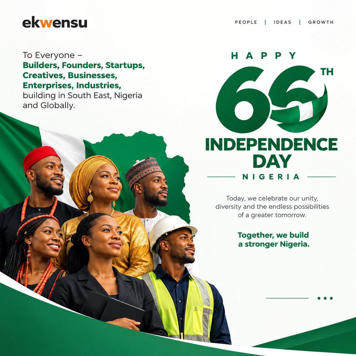 ekwensubusiness's tweet photo. Happy Independence Day, Nigeria 🇳🇬

To the traders, founders, startups, creatives, businesses, enterprises and industries building across the South East.

To Ndigbo building, innovating and creating value across Nigeria and around the world.

We see you, we celebrate your work. https://t.co/QyUmoyWlkt