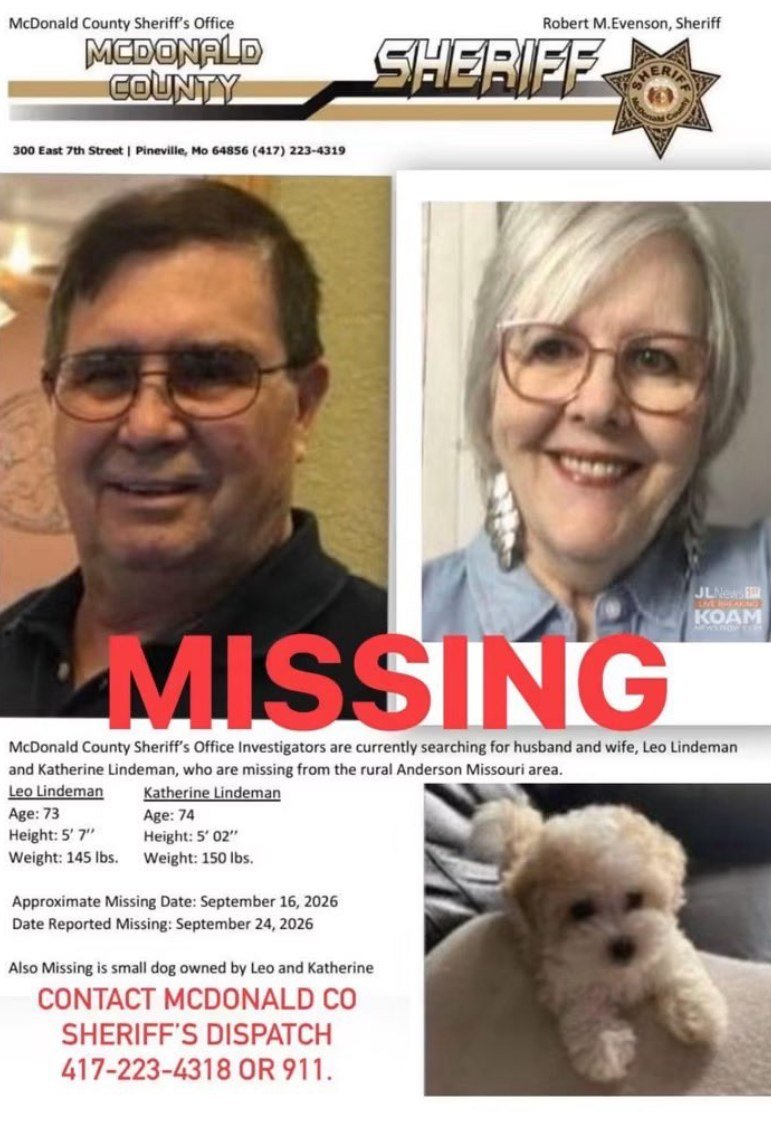 JLRINVESTIGATES's tweet photo. Where are Katherine &amp; Leo Lindeman?
Where is their little dog Itty Bitty?
They all vanished in rural SW Missouri a few weeks ago. https://t.co/Ey62z58022