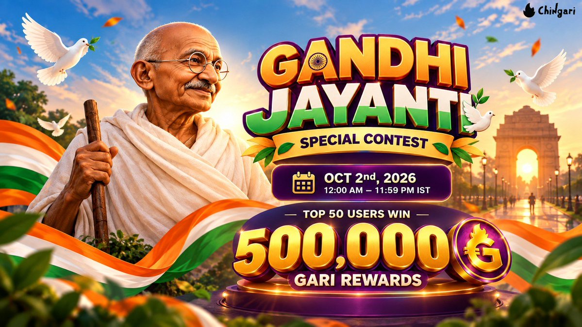Chingari_IN's tweet photo. 🕊 Something special is coming this Gandhi Jayanti! 🇮🇳
Get ready for the Gandhi Jayanti Special Contest on Chingari

🎁🔥 Send gifts from Gandhi Jayanti Gift Category in eligible Audio Rooms, support your favorite creators & climb the leaderboard for a chance to win $GARI rewards.

🏆 Top 50 Win
💰 500,000 $GARI Rewards
📅 2nd Oct 2026
⏰ 12:00 AM – 11:59 PM IST

❤️🇮🇳 Celebrate the spirit of peace, unity & truth and make your way to the top!
📲 Only on Chingari