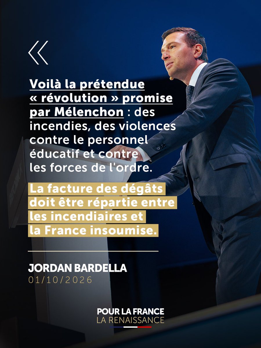 RNational_off's tweet photo. Il faut rappeler Jean-Luc Mélenchon et La France insoumise à leurs responsabilités. En exhortant à la violence et à l’émeute, ils condamnent les Français au chaos et à l’insécurité permanente.

En 2027, nous remettrons le pays en ordre. https://t.co/ZhPG9UQTG0
