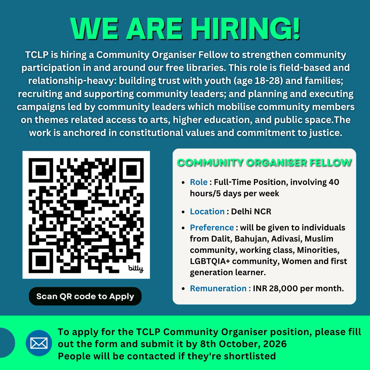 CommunityLibPro's tweet photo. 🔗 Apply through the Google Form to access the detailed job description
https://t.co/iW5HOwQcbi
Or simply scan the QR code in the image

Fill out the form and submit it by 8 October 2026. You will be contacted if you are shortlisted. https://t.co/xS7peIFsi2