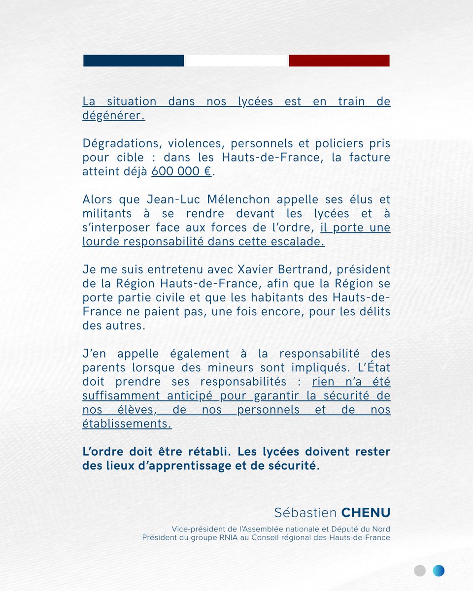 sebchenu's tweet photo. La situation dans nos lycées est en train de dégénérer.

Dégradations, violences, personnels et policiers pris pour cible : dans les Hauts-de-France, la facture atteint déjà 600 000 €. https://t.co/nM5WQ0j9XF