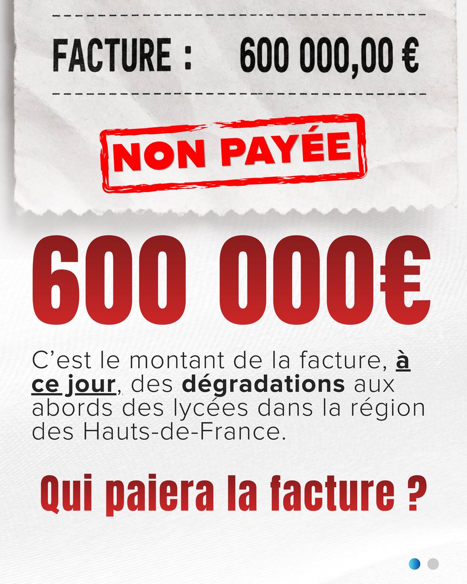 sebchenu's tweet photo. La situation dans nos lycées est en train de dégénérer.

Dégradations, violences, personnels et policiers pris pour cible : dans les Hauts-de-France, la facture atteint déjà 600 000 €. https://t.co/nM5WQ0j9XF
