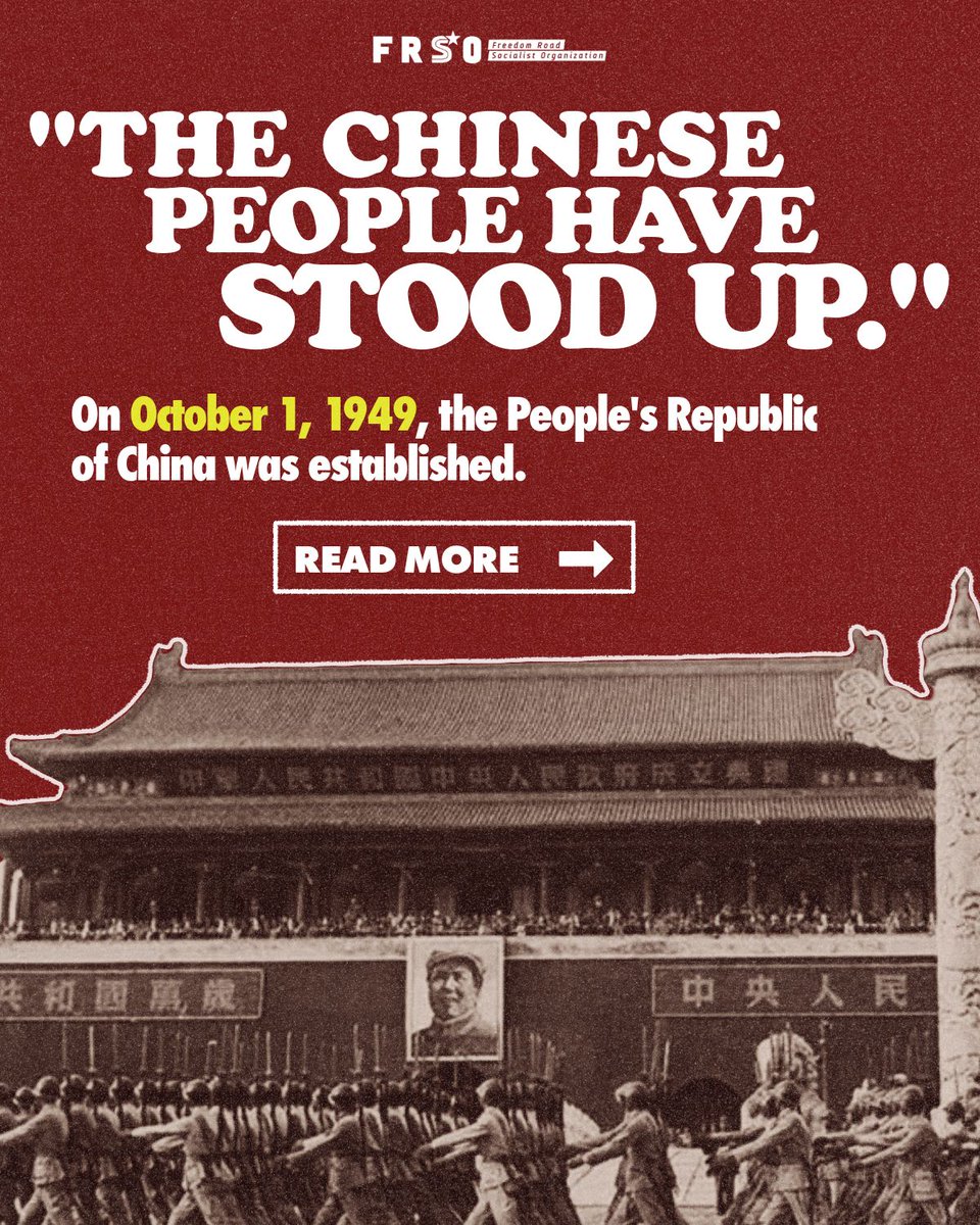 freedomroadorg's tweet photo. On October 1st, 1949, the People's Republic of China was established. 

For 77 years, the Communist Party of China has led an unparalleled society-wide transformation. Once a poor country ruled by feudal lords, ruthlessly plundered and exploited by foreign powers, the Chinese people have thrown off their chains and built a flourishing country that leads the world in many respects, from poverty alleviation to the development of advanced technologies. 

Indeed, as Mao Zedong once said, the Chinese people have stood up. On the 77th anniversary of the Chinese revolution's victory, we salute the Communist Party of China and their achievements in building the kind of society that the workers and oppressed of the world can look to with hope.
