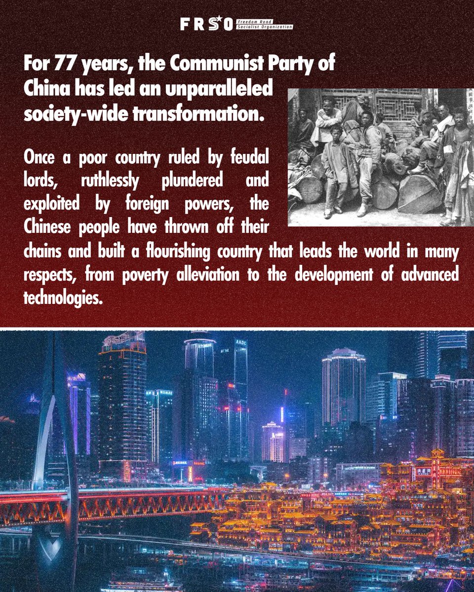 freedomroadorg's tweet photo. On October 1st, 1949, the People's Republic of China was established. 

For 77 years, the Communist Party of China has led an unparalleled society-wide transformation. Once a poor country ruled by feudal lords, ruthlessly plundered and exploited by foreign powers, the Chinese people have thrown off their chains and built a flourishing country that leads the world in many respects, from poverty alleviation to the development of advanced technologies. 

Indeed, as Mao Zedong once said, the Chinese people have stood up. On the 77th anniversary of the Chinese revolution's victory, we salute the Communist Party of China and their achievements in building the kind of society that the workers and oppressed of the world can look to with hope.