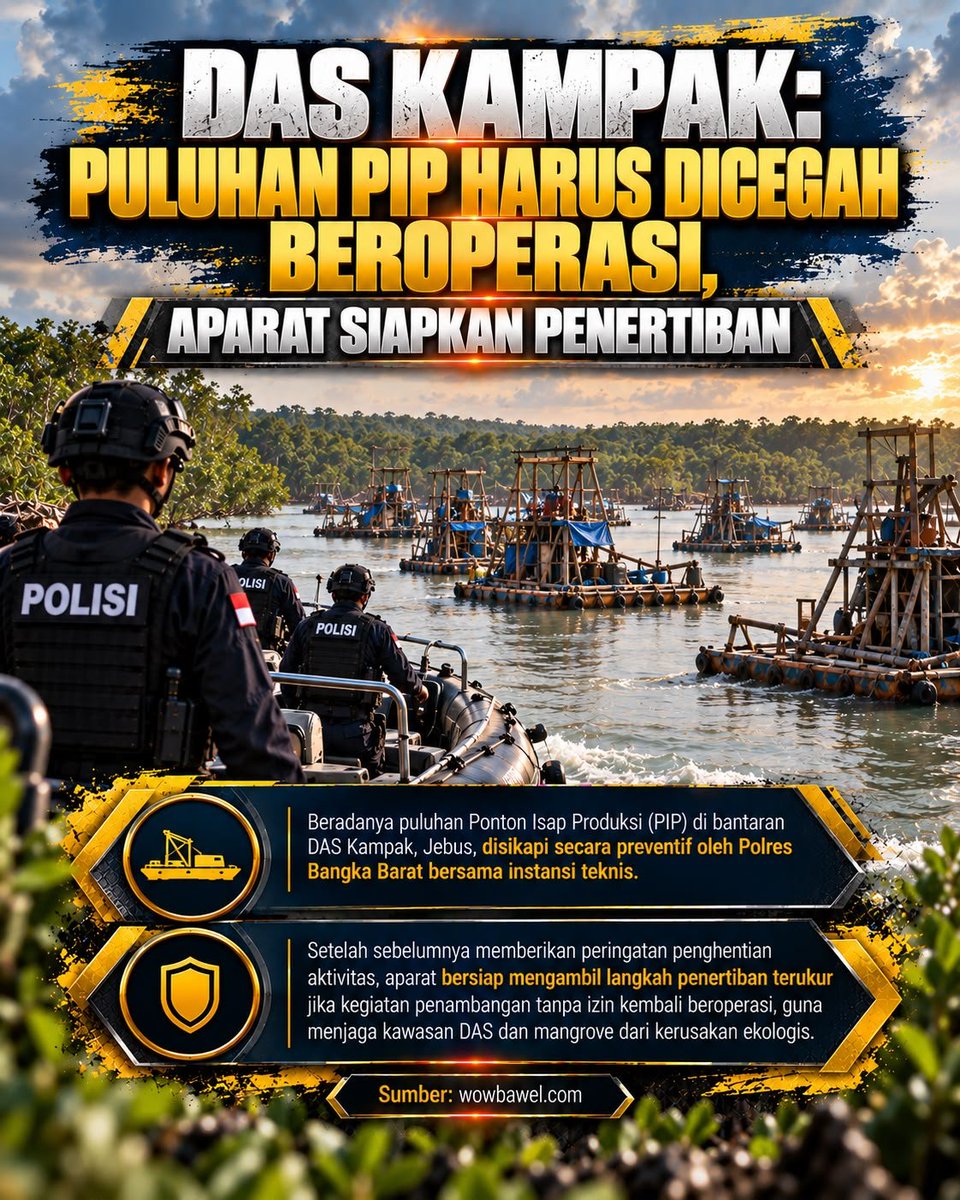 fypnewsid's tweet photo. Polres Bangka Barat awasi preventif puluhan PIP di bantaran DAS Kampak, Jebus. Usai beri peringatan, aparat siapkan langkah penertiban terukur jika aktivitas tambang tanpa izin nekat kembali beroperasi. #DASKampak #Jebus #PIP #timah #bangkabelitung https://t.co/32RZIy6xhg