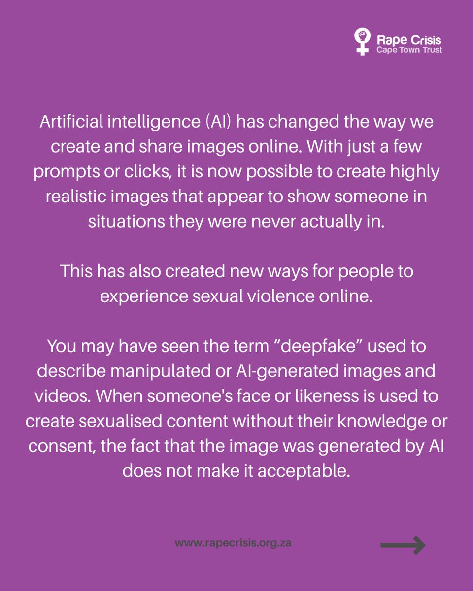 RapeCrisis's tweet photo. AI-generated sexual images are becoming easier to create, but consent still applies online.

Using someone's face or likeness to create or share sexualised content without their consent can be a form of sexual violence. 

#AI #AIGeneratedContent #DigitalSexualViolence  #EndGBV https://t.co/uEEfeke4bx