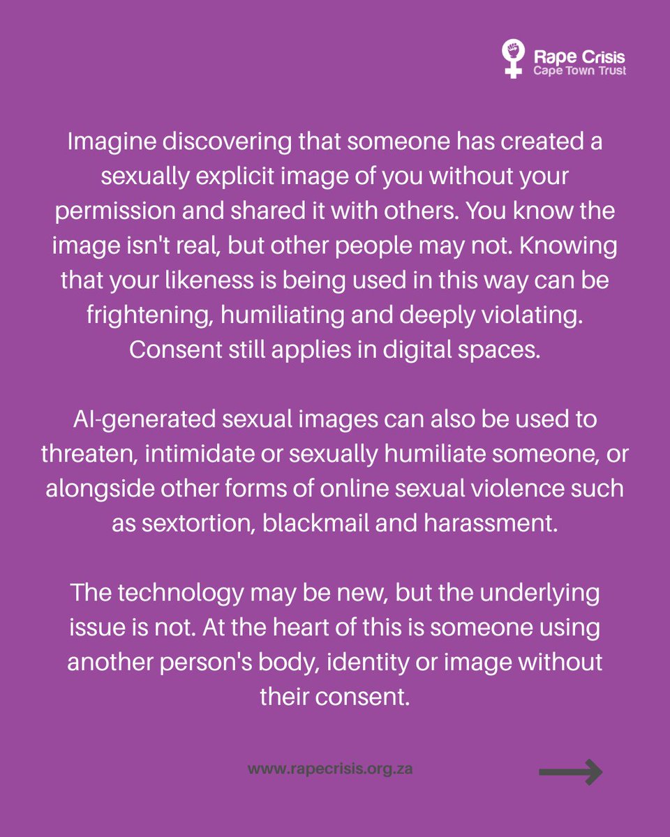 RapeCrisis's tweet photo. AI-generated sexual images are becoming easier to create, but consent still applies online.

Using someone's face or likeness to create or share sexualised content without their consent can be a form of sexual violence. 

#AI #AIGeneratedContent #DigitalSexualViolence  #EndGBV https://t.co/uEEfeke4bx