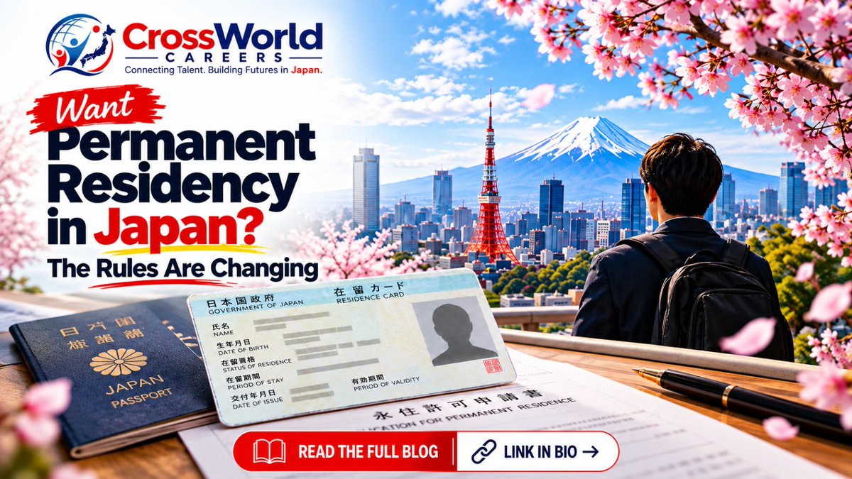 CWcareers's tweet photo. 🇯🇵 Want Permanent Residency in Japan?

Japan has revised its PR guidelines, bringing more attention to areas including taxes, income, Japanese-language ability and understanding Japanese systems 👀

What should future applicants know?

Read more: https://t.co/jK4u41nIdW

#Japan https://t.co/kbbsgqfn3x