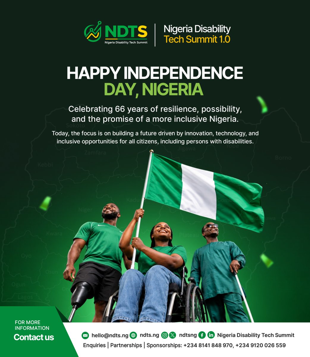 ndtsng's tweet photo. 🇳🇬 Nigeria at 66.

The Nigeria we build tomorrow must include everyone.

Accessibility. Assistive technology. Inclusive innovation. Digital inclusion.

Not as extras, but as part of the systems we build.

Happy Independence Day, Nigeria. 🇳🇬

#NigeriaAt66 #IndependenceDay #NDTS https://t.co/f1qWRUjhos