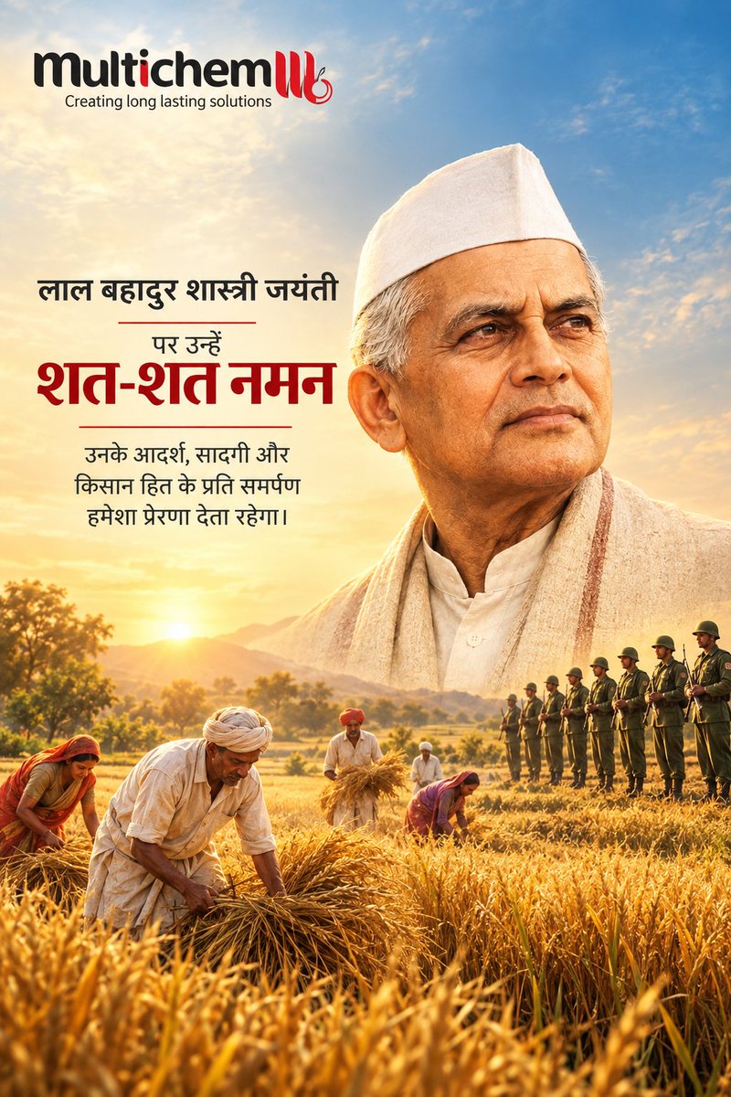 multichem_group's tweet photo. Remembering Lal Bahadur Shastri Ji on his Jayanti - a leader whose simplicity, courage and dedication continue to inspire generations.
“जय जवान, जय किसान” नमन शत शत। 🌾🫡
#LalBahadurShastri #MultichemGroup https://t.co/2zDkTDOoj6