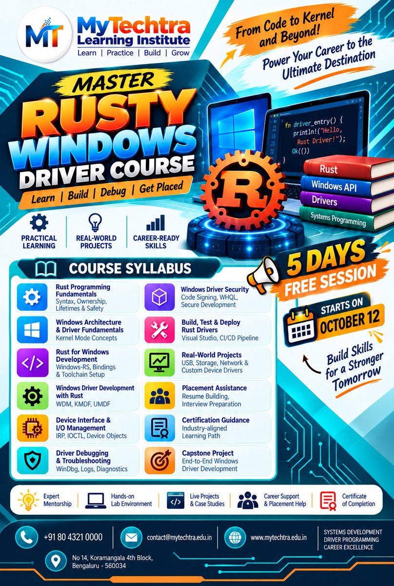 Arvethbatur's tweet photo. Level up your system-level programming starting October 12🎯
Only 3 days left to sign up for Rust Windows Driver training!🚀
#MyTechtra #Windows♻️🪟 #WindowsRustdriver #WindowsRust #RustyDrivers #RustTraining #RustSystems⚙️ #Bengaluru #PythonProgramming #WindowsProgramming https://t.co/X79zmG5onl