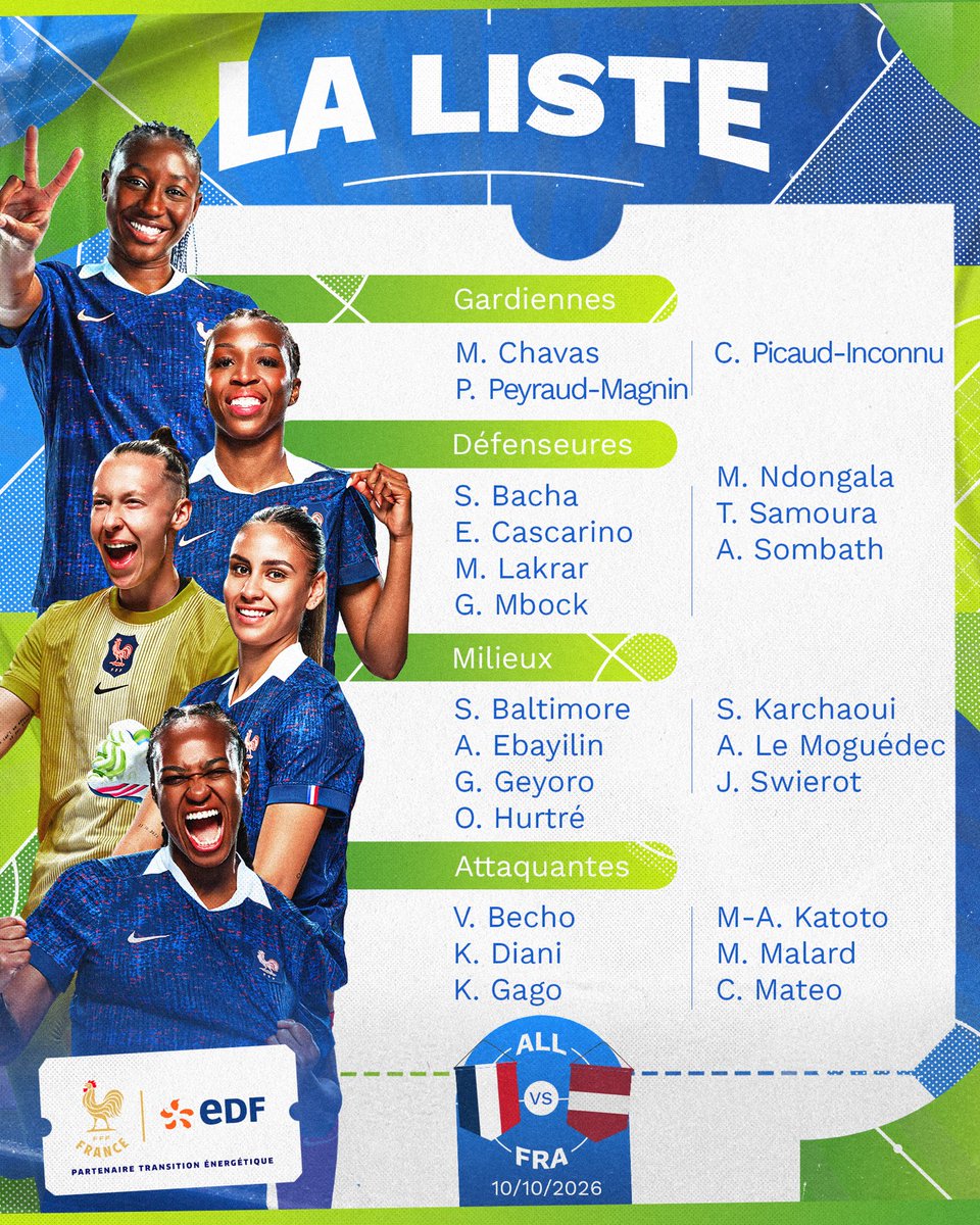 EDF_Foot's tweet photo. 𝗟𝗔 𝗟𝗜𝗦𝗧𝗘 𝗗𝗘𝗦 𝗕𝗟𝗘𝗨𝗘𝗦 🇫🇷

Voici les 23 joueuses sélectionnés par Laurent Bonadéi pour la rencontre amicale contre la Lettonie📝

#EDFFoot https://t.co/uj8vBcJI6q