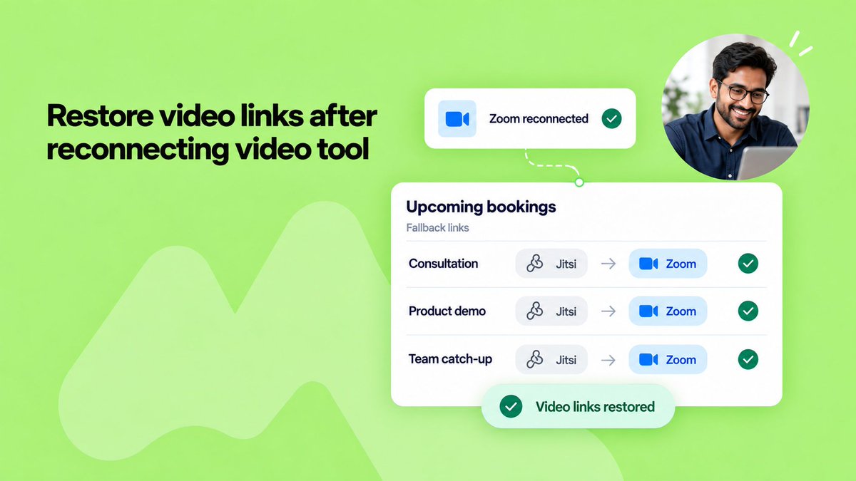 NeetoCal's tweet photo. Zoom dropped for an hour and ten bookings got Jitsi links? NeetoCal now fixes them for you.

Reconnect, and every upcoming booking gets your real video link back. No emails to clients, nothing to click, no afternoon of cleanup.

To know more, read the changelog: https://t.co/OZ18I3jZLe