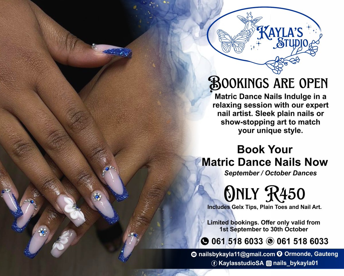 GorePrinting's tweet photo. Kayla's Studio, Ormonde, Guateng - Special Matric Dance Nails. BOOKINGS ARE OPEN for October Book. Only R450 Offer only valid from till 30th October
Book Now! Call or WhatsApp on 0615186033
https://t.co/MUZW7q6XB5
#matricdance #fypシ゚viralシfypシ゚ https://t.co/lRhHv38NET