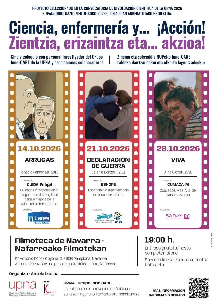 care_inno's tweet photo. Arrancamos octubre con una propuesta cultural y científica: ¡un ciclo de cine en colaboración con @LaresNavarra @SarayAsociacion @Adano1989 y financiado por @cultUPNA! ¿Te animas a descubrir la investigación
científica actual mientras ves una película?
https://t.co/jpQZYYYSAi https://t.co/6lCuS5Yscs