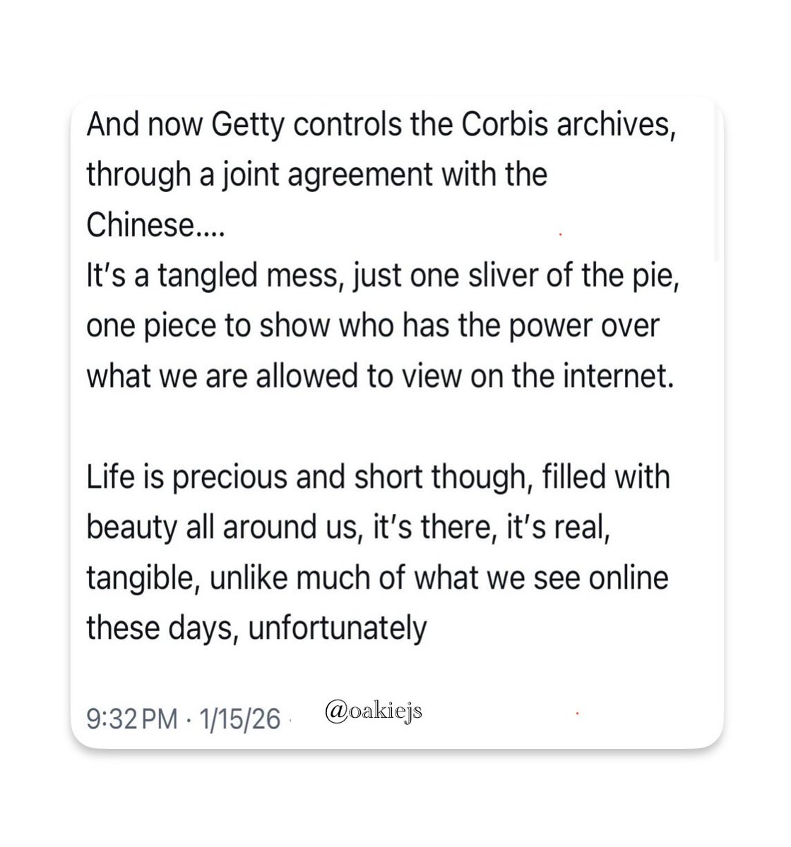 OakieJs's tweet photo. Everything is suspect these days.

I don't think many people understand what a big deal it really is. It's not just about Ai altering what we see online https://t.co/iUBR0Li2jB