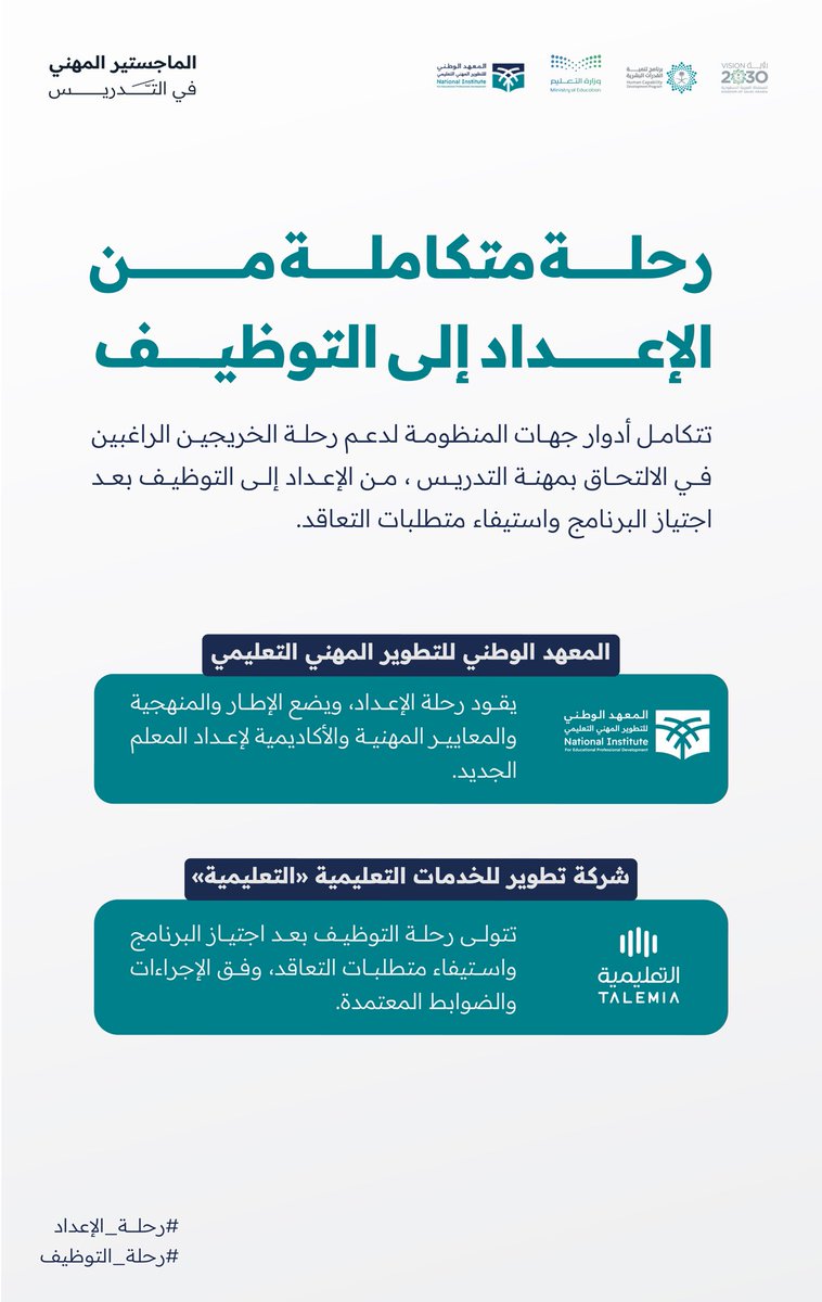TeacherEduSA's tweet photo. رحلة متكاملة، وأدوار مترابطة، وغاية واحدة لإعداد المعلم لبدء مسيرته المهنية في التعليم.

#الماجستير_المهني_في_التدريس
#برنامج_تنمية_القدرات_البشرية https://t.co/ocV6lRTxwv