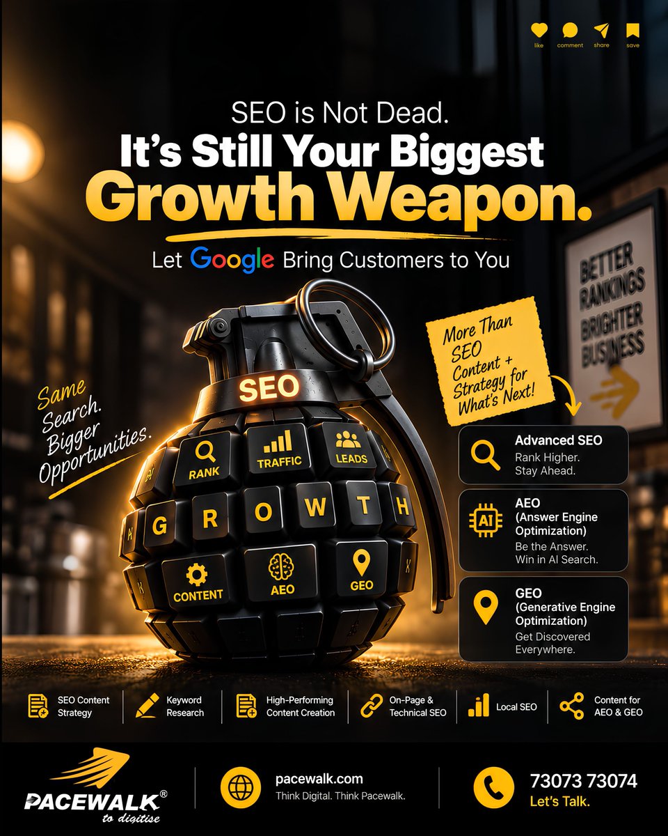 ePacewalk's tweet photo. SEO is far from dead! Turn search visibility into website traffic, qualified leads, and business growth with the right SEO strategy. 🚀
🌐 https://t.co/kx7WCoGhh2
📞 Call: +91 73073 73074
#SEO #DigitalMarketing #LeadGeneration #BusinessGrowth #SearchEngineOptimization https://t.co/p1w3H7bHYo
