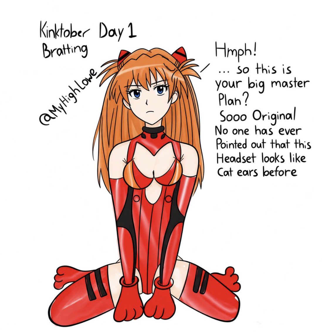 MyHighLowe's tweet photo. Kinktober Day 1: Bratting

Featuring Asuka 

Started out as an ink sketch but I digitized it hoping to have time to digitize the rest but a drawing a day is a challenge

(all characters portrayed are 18+)

#fanart #asuka  #evangelion #petplay #brat #r34 #kinktober #kinktober2026 https://t.co/hoeYAZwODB