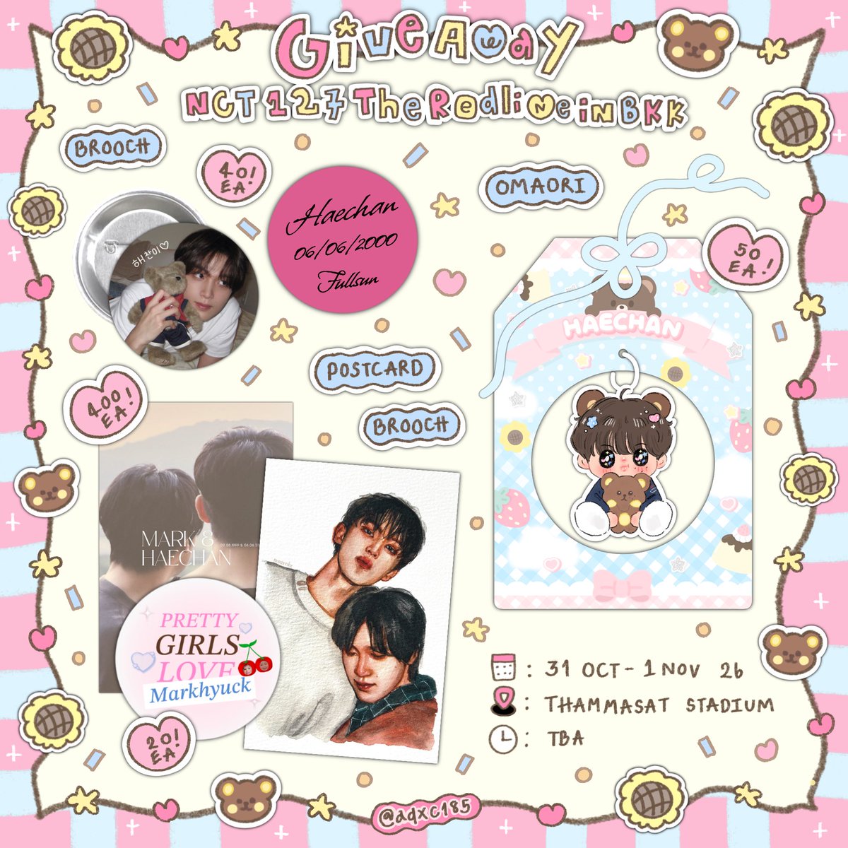aqxc185's tweet photo. ˗ˏˋ pls kindly rt ´ˎ˗

🎱 Giveaway THE RED LINE IN BKK ❤️‍🔥

☆ Omaori 
☆ Brooch haechan

Special for Markhyuck 🐯♡🐻

☆ Postcard Markhyuck
☆ Brooch Markhyuck 

📍: Thammasat stadium 
🗓️ : 31 Oct - 1 Nov 26
⏰ : TBA

#THE_REDLINE_BANGKOK 
#NCT127_5TH_NEOCITY_THE_REDLINE 
#NCT127_5TH_NEOCITY_BANGKOK_THE_REDLINE