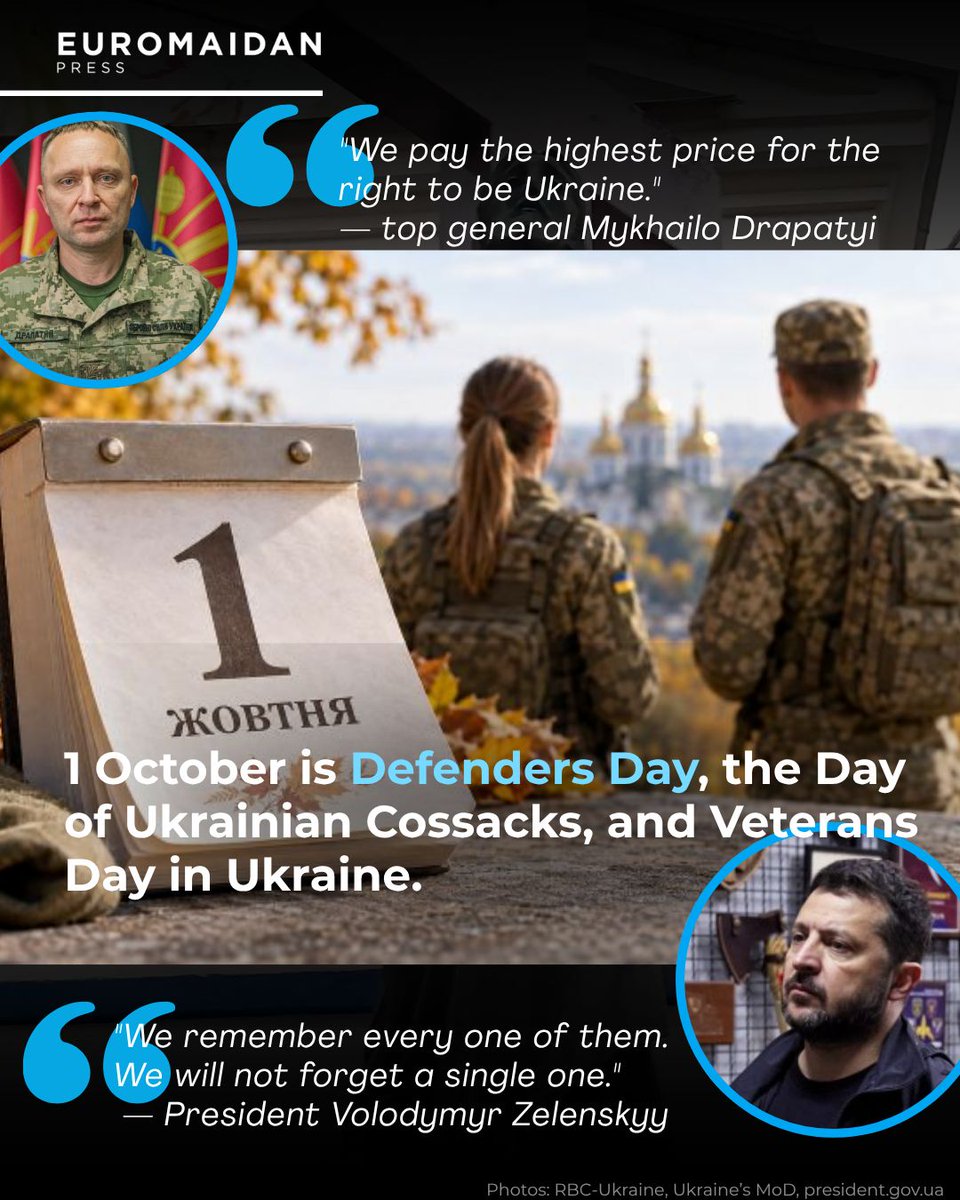 EuromaidanPress's tweet photo. Today Ukraine marks four holidays at once: Defenders Day, the Day of Ukrainian Cossacks, Veterans Day, and Pokrova, the feast of the Protection of the Mother of God.

They belong together. In Ukrainian tradition, the Mother of God spreads her veil over her people to shield them, and the Cossacks took her as their patron. "It is no accident that we honor today's defenders of Ukraine and remember the Ukrainian Cossacks on the same day," said Commander-in-Chief of Ukraine's Armed Forces Mykhailo Drapatyi. "Defending the state is a continuity, the unbroken, exhausting work of different generations."

President Zelenskyy recorded his address at the front, quoting the late warrior and poet Maksym Kryvtsov: "When they ask me what war is, I will answer without hesitation: names." He thanked "the hundreds and hundreds of thousands of our warriors who stand as a shield so that Ukraine remains our home."

"We pay the highest price for the right to be Ukraine," Drapatyi said.

To all who serve, have served, and are coming home: thank you.