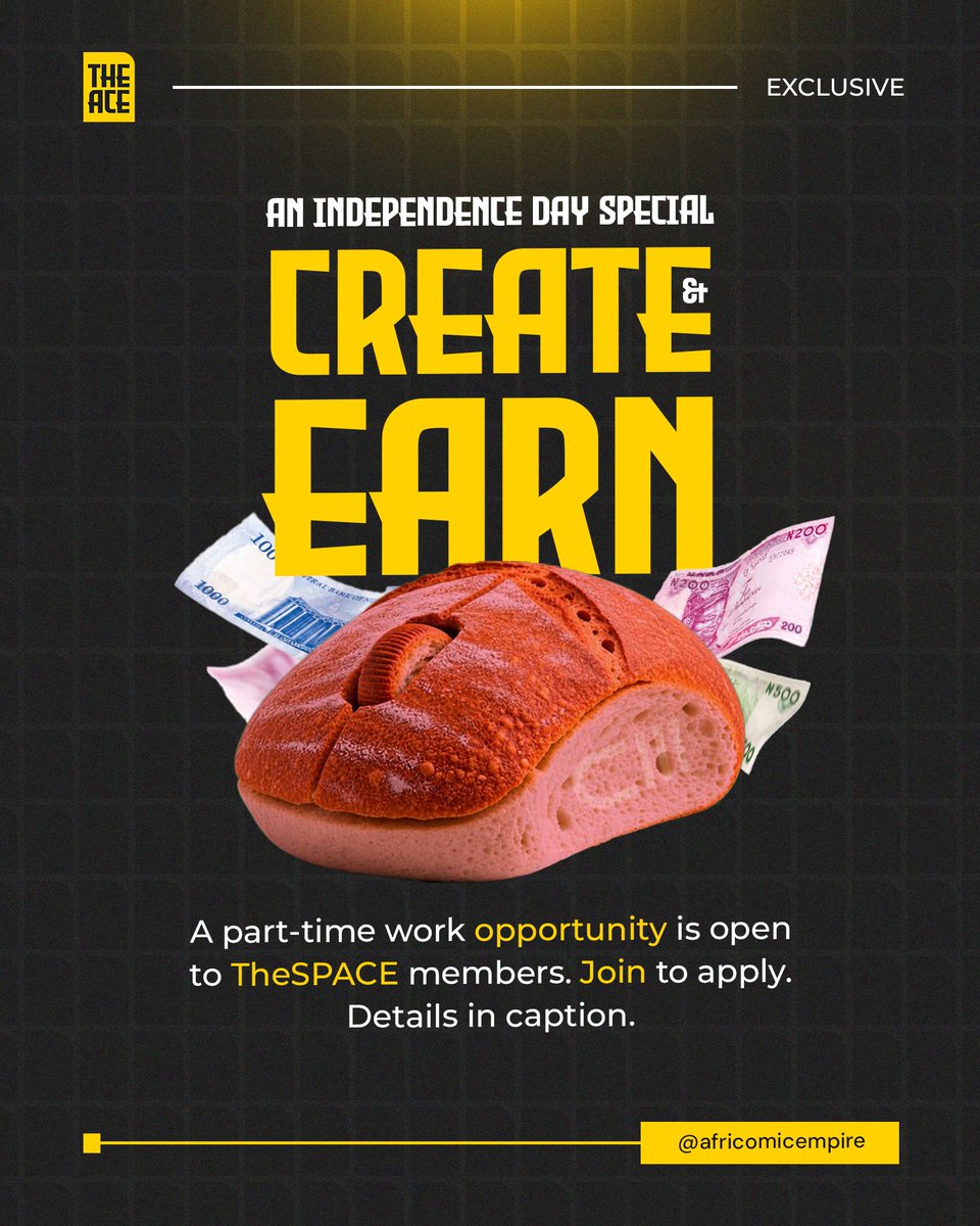 africomicempire's tweet photo. It is Independence Day, so we are celebrating with an opportunity. π³π¬
Paid. Part-time. Built for people who love African comics, content and storytelling.
The details are going to TheSPACE only. Join to be eligible: https://t.co/WshDd3onrX
.
.
#TheACE #TheSPACE #IndependenceDay https://t.co/KMp6242rO4