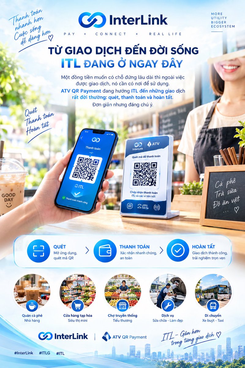 ChiCongWeb3's tweet photo. Một đồng tiền muốn có chỗ đứng lâu dài thì ngoài việc được giao dịch, nó cần có nơi để sử dụng. ATV QR Payment đang hướng ITL đến những giao dịch rất đời thường: quét, thanh toán và hoàn tất. Đơn giản nhưng đáng chú ý. #InterLink #ITLG #ITL https://t.co/iAZM3fbSQt