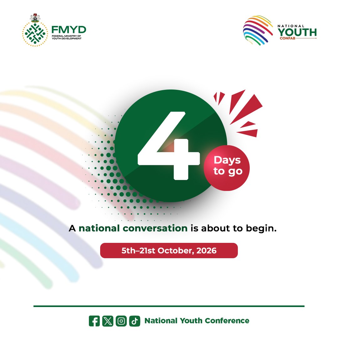 Youthconfab2026's tweet photo. 4 DAYS TO GO! 

The National Youth Conference is almost here. A national conversation on the future, ideas and aspirations of Nigerian youths begins October 5.

The time to speak, connect and shape the future is now.

#NationalYouthConfab https://t.co/kZCZ63Io4q
