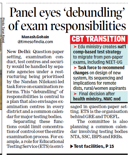 manashTOI's tweet photo. #NTA #NEET #JEE #CUET #Exam #India 
Question-paper setting, examination conduct, test centres and security would be handled by separate agencies under a restructuring being prioritised by the Nandan Nilekani-led task force on examination reforms. This “debundling” of responsibilities is central to a plan that also envisages examination centres in every district and a common calendar for major testing bodies.
Separating these functions could limit concentration of control over the entire examination process. For example, a role for Educational Testing Service (ETS) is envisaged in question-paper setting. ETS is the organisation behind GRE and TOEFL.
The committee is also planning a common calendar involving National Testing Agency (NTA), Staff Selection Commission (SSC), Institute of Banking Personnel Selection (IBPS) and Railway Recruitment Boards (RRBs). Coordinated scheduling could help reduce clashes and allow better use of examination infrastructure throughout the year.
A @timesofindia report 👇
https://t.co/adN3tr6B74