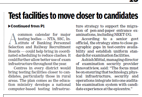 manashTOI's tweet photo. #NTA #NEET #JEE #CUET #Exam #India 
Question-paper setting, examination conduct, test centres and security would be handled by separate agencies under a restructuring being prioritised by the Nandan Nilekani-led task force on examination reforms. This “debundling” of responsibilities is central to a plan that also envisages examination centres in every district and a common calendar for major testing bodies.
Separating these functions could limit concentration of control over the entire examination process. For example, a role for Educational Testing Service (ETS) is envisaged in question-paper setting. ETS is the organisation behind GRE and TOEFL.
The committee is also planning a common calendar involving National Testing Agency (NTA), Staff Selection Commission (SSC), Institute of Banking Personnel Selection (IBPS) and Railway Recruitment Boards (RRBs). Coordinated scheduling could help reduce clashes and allow better use of examination infrastructure throughout the year.
A @timesofindia report 👇
https://t.co/adN3tr6B74