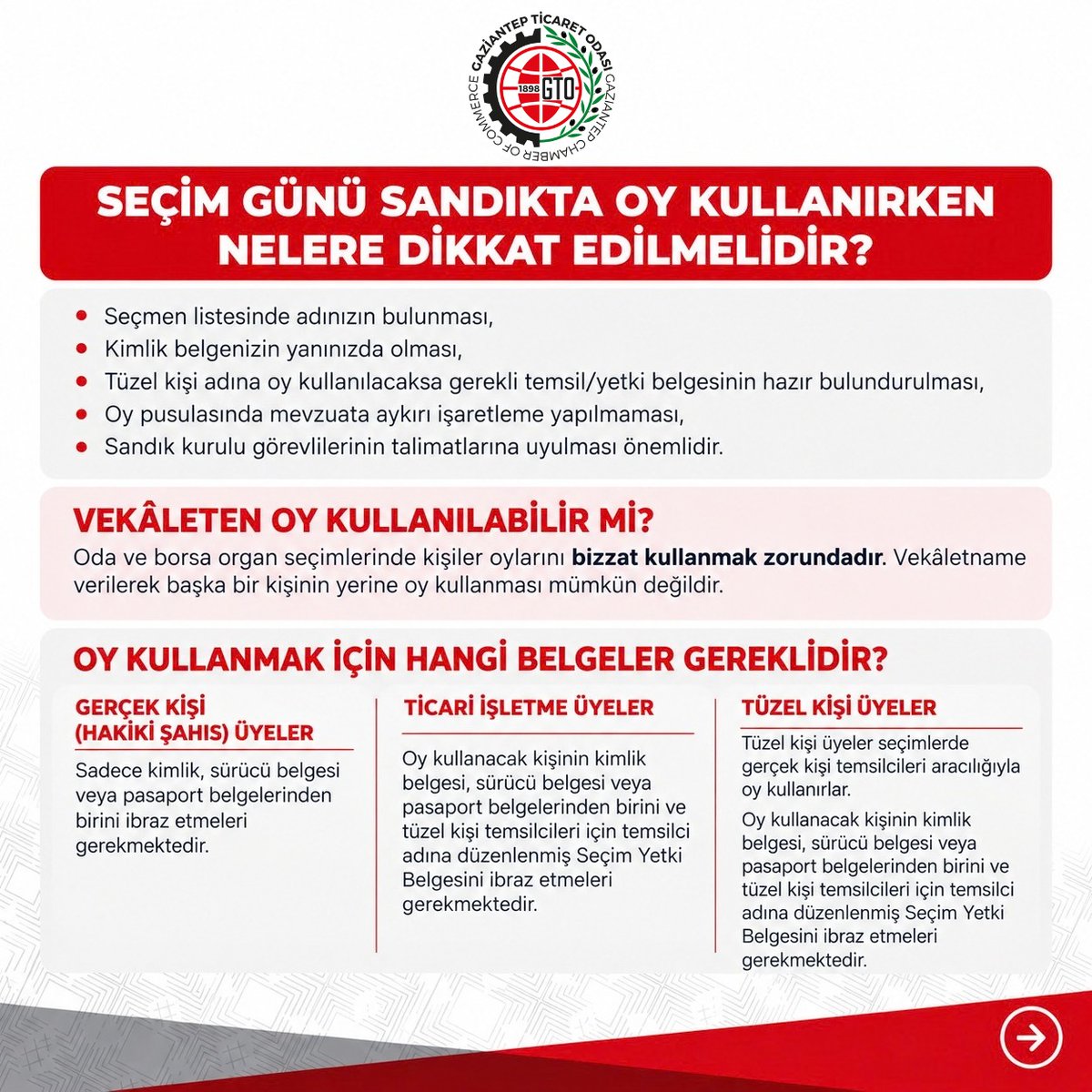 GaziantepTO's tweet photo. 📢Gaziantep Ticaret Odası Organ Üyeliği Seçimleri Hakkında Bilgilendirme

Değerli Üyemiz,

Gaziantep Ticaret Odası Organ Üyeliği Seçimleri, 3 Ekim 2026 Cumartesi günü Bayraktar Anadolu Lisesinde gerçekleştirilecek olup oy verme işlemleri 09.00 ’da başlayarak 17.00’de sona erecektir.

Seçimde oy kullanacak üyelerimizin, Ticaret Sicili Müdürlüğümüzden yetki belgelerini temin etmeleri ve oy kullanmaya gelirken geçerli kimlik belgelerini (Kimlik Belgesi, Sürücü Belgesi veya Pasaport) yanlarında bulundurmaları gerekmektedir. Seçimlerde vekâletname ile başka bir kişinin yerine oy kullanılması mümkün değildir. (Yetki Belgesi düzenleme işlemlerimiz seçim günü de Bayraktar Anadolu Lisesinde devam edecektir.)

Seçim günü Gaziantep İl Emniyet Müdürlüğünce uygulanacak güvenlik tedbirleri kapsamında, seçim alanına silah ve benzeri nitelikteki unsurlarla giriş yapılamayacaktır.

Oy kullanma sürecinin hızlı ve sorunsuz ilerleyebilmesi için üyelerimizin gerekli belgelerini önceden hazırlamalarını önemle rica ederiz.

Tüm üyelerimizin bilgisine sunarız...

➡️ Seçim günü oy kullanırken dikkat edilmesi gereken hususlara ilişkin detaylı bilgi ⤵️