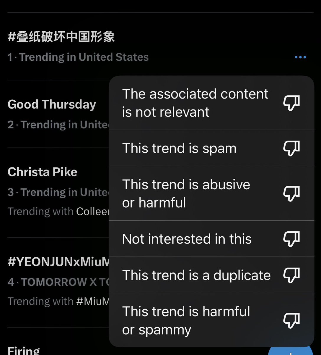 Diathemond's tweet photo. The report the trending hashtag make sure to go to TRENDING tab, click the three dots and “this trend is spam” refresh and if its still there do it again

To report individual posts, click the three dots, click report and then select spam!

#ValkoIsLoved #ValkoIsValuable #ValkoWasPromised
