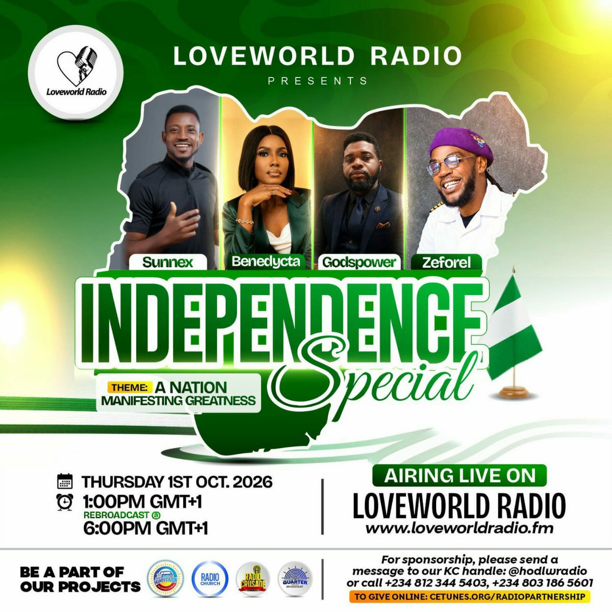 LoveworldRadio's tweet photo. WE ARE LIVE🇳🇬‼️

THE INDEPENDENCE SPECIAL SHOW LIVE ON LOVEWORLD RADIO.

Theme: A Nation Manifesting Greatness🇳🇬🇳🇬.

Participate Live On👇

https://t.co/e4OcAObhXX

Download The Loveworld Radio App Today👇
https://t.co/Uuwz1IZMKy

#Loveworldradio https://t.co/WO7WR5fTIu