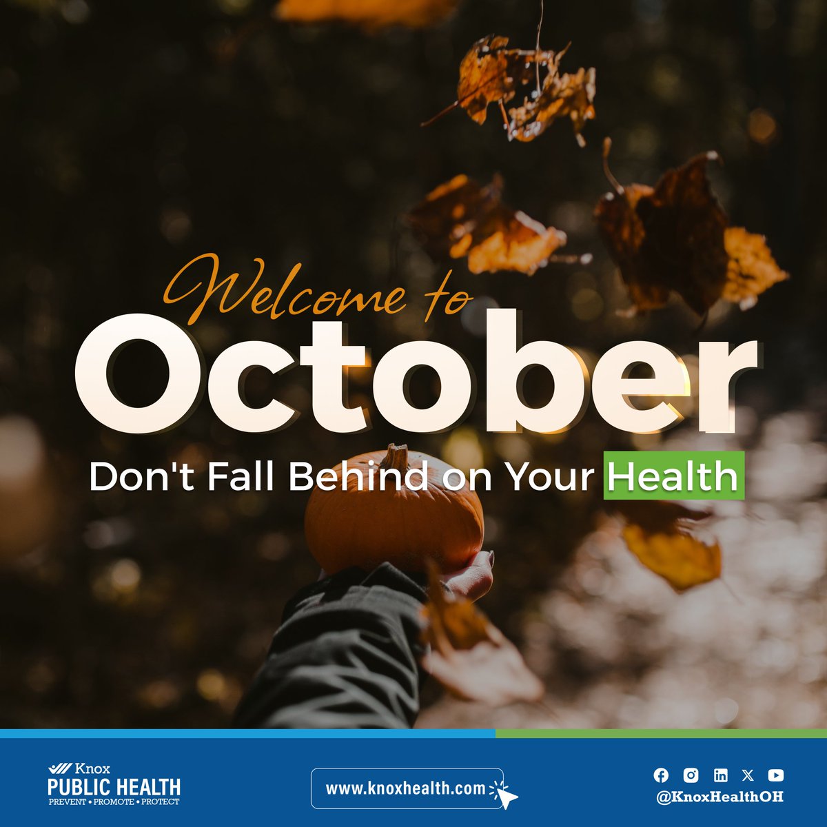 KnoxHealthOH's tweet photo. 🍂 Hello family, friends, and followers!
Welcome to October. A new month is a great opportunity to focus on your health and well-being. Stay informed and connected (check the comments for details).
Thank you for your partnership.
#KnoxPublicHealthOH #KPH #KCCHealthCenter https://t.co/2k022yl1bN