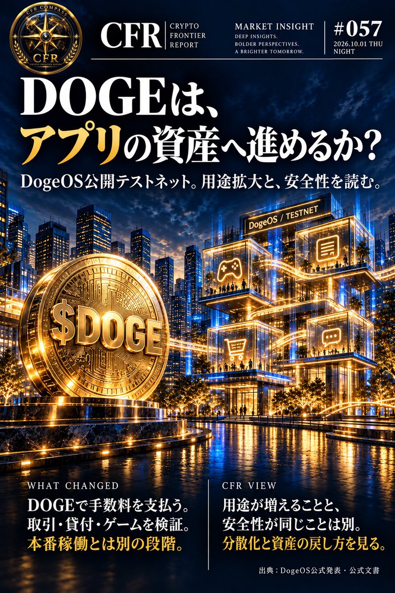 CFRj64's tweet photo. CFR｜MARKET INSIGHT #057
2026年10月1日（木）｜夜刊

DOGEは、アプリの資産へ進めるか？
——DogeOS公開テストネット。用途拡大と、安全性を読む。

送る・受け取るだけでなく、アプリの中でも使う。
$DOGEに、そのための開発環境が広がっています。

DogeOS（ドージOS）は米国東部時間9月30日、公開テストネットを発表しました。テストネットとは、本番運用の前に機能や動作を試す実験用ネットワークです。

今回の環境では、Ethereumのアプリを動かす仕組み「EVM」に対応したスマートコントラクトを検証できます。スマートコントラクトは、あらかじめ決めた条件に従って処理を実行するプログラム。取引、貸付、ゲームなどを開発する入口になります。

ただし、発表に並ぶアプリがすべて完成・本番稼働したわけではありません。提供時期や機能は各開発チームの進捗次第です。

【DOGEを使うことと、Dogecoin本体が変わることは別】
DogeOSは、Dogecoinにアプリの機能を広げるための別の実行層です。Dogecoin本体に、そのままEthereumと同じアプリ機能が実装された、という発表ではありません。

公式文書では、DogeOSの取引手数料に使う資産はDOGEとされています。ただし、今回の試験で扱うのはテスト用DOGE。本番の資金利用と混同しないことが大切です。

ここからはCFRの見方です。
使い慣れた開発道具を利用できることは、開発者の参入負担を減らす可能性があります。DOGEを持つ人の知名度・関心を、繰り返し使われるアプリへつなげられるかが焦点です。

【用途の拡大だけで、安全性を判断しない】
公式文書は、今後の課題として「各構成要素の分散化」を挙げています。また、Dogecoin本体で暗号学的な証明を検証するための機能拡張は、提案として説明されています。公開テストネットの発表だけで、その提案まで実装済みとは扱えません。

つまり、「DOGEを使える」から「Dogecoin本体と同じ条件で資産を守れる」へ、話を飛ばしてはいけません。

確認したいのは、アプリ上の処理を誰が運営・検証するのか。そして、ネットワーク間で資産を移すブリッジにどんな条件があり、停止時に資産をどう戻せるのかです。

【CFR VIEW｜次に見る3点】
① 本番稼働の時期と、実際に使えるアプリ。
② 運営・検証の権限、分散化の進展、資産を戻す手順。
③ 一時的な参加数ではなく、継続利用とDOGEの用途。

以下はCFRの見立てです。
ゲームや決済で利用が定着する場合と、短期の報酬目的で参加が膨らむ場合では、同じ利用者数でも意味が違います。手数料にDOGEを使う設計も、需要の大きさや価格上昇を保証するものではありません。

今回の前進は、「実需が証明された」ことではなく、「用途を試せる環境が公開された」こと。
ミームの知名度を、使い続ける理由へ変えられるか。期待の大きさより、実装と利用の積み上がりを見たい夜です。

出典（2026年10月1日確認）：
DogeOS公式発表｜2026年9月30日
https://t.co/kcTv3ibcrM
DogeOS公式文書｜概要・開発者向け案内
https://t.co/hmq55Fyzac
https://t.co/ItV9a6acUv
DogeOS公式ブログ｜Dogecoin Coreへの機能拡張提案
https://t.co/0zACRIM3R0

#CFR #MarketInsight #Dogecoin #DOGE #DogeOS