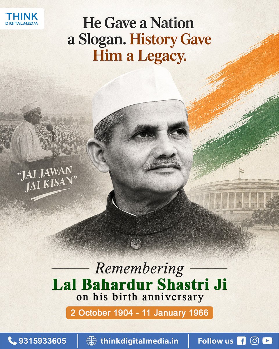 thinkdigitalmed's tweet photo. Remembering Lal Bahadur Shastri Ji — the leader who gave a nation a slogan and left behind a lasting legacy.

#LalBahadurShastri #ShastriJayanti #JaiJawanJaiKisan #RememberingShastri https://t.co/uwelb1dqiK