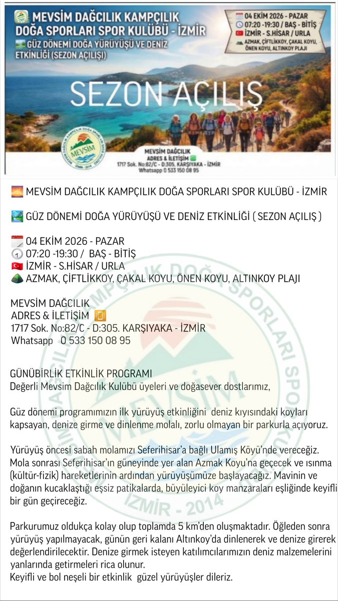 MevsimDagcilik's tweet photo. SEZON AÇILIŞ  
04 EKİM 2026
@MevsimDagcilik 
https://t.co/bmKQF6SYMB https://t.co/2uwo81lAde