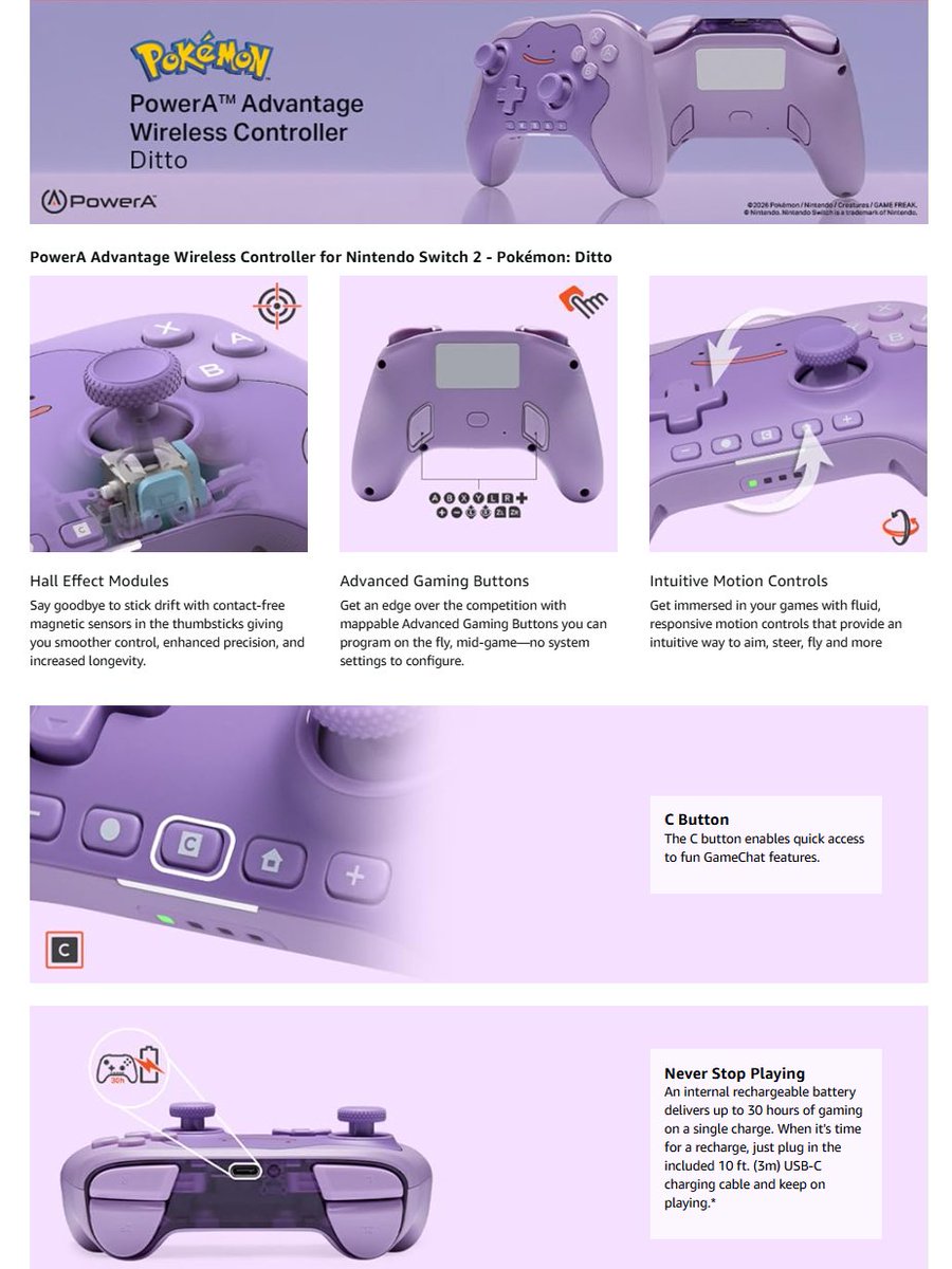 Wario64's tweet photo. Pokémon: Ditto - PowerA Advantage Wireless Controller for Nintendo Switch 2 up for preorder on Amazon ($50.99) https://t.co/2b5KPrjrT2 #ad https://t.co/9Mz4d6sLTk