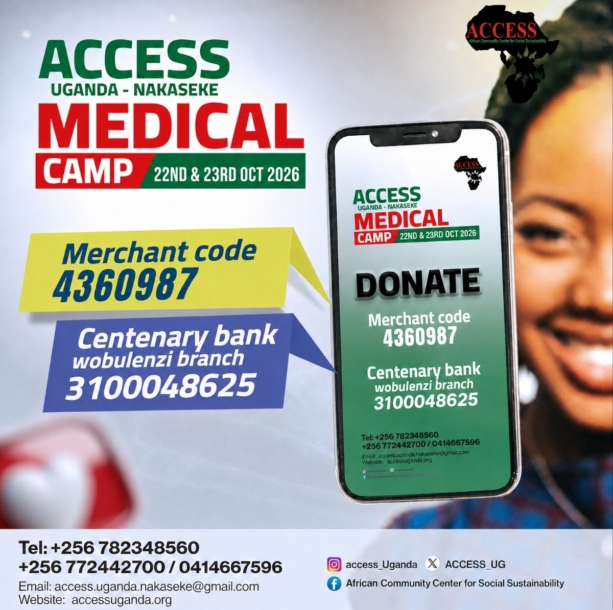 Internist_02's tweet photo. @ACCESS_UG  
Nakasake Medical Camp 2026
📅 22–23 October 2026

🩺 NCD screening, laboratory, ultrasound, pharmacy, dental, eye &amp; GYN services, surgeries and more.

Take charge of your health. Get checked. Act early.
📞 +256 782 348560

@mtnug @Airtel_Ug Your support is highly 💪 https://t.co/T5S4YYmKyZ