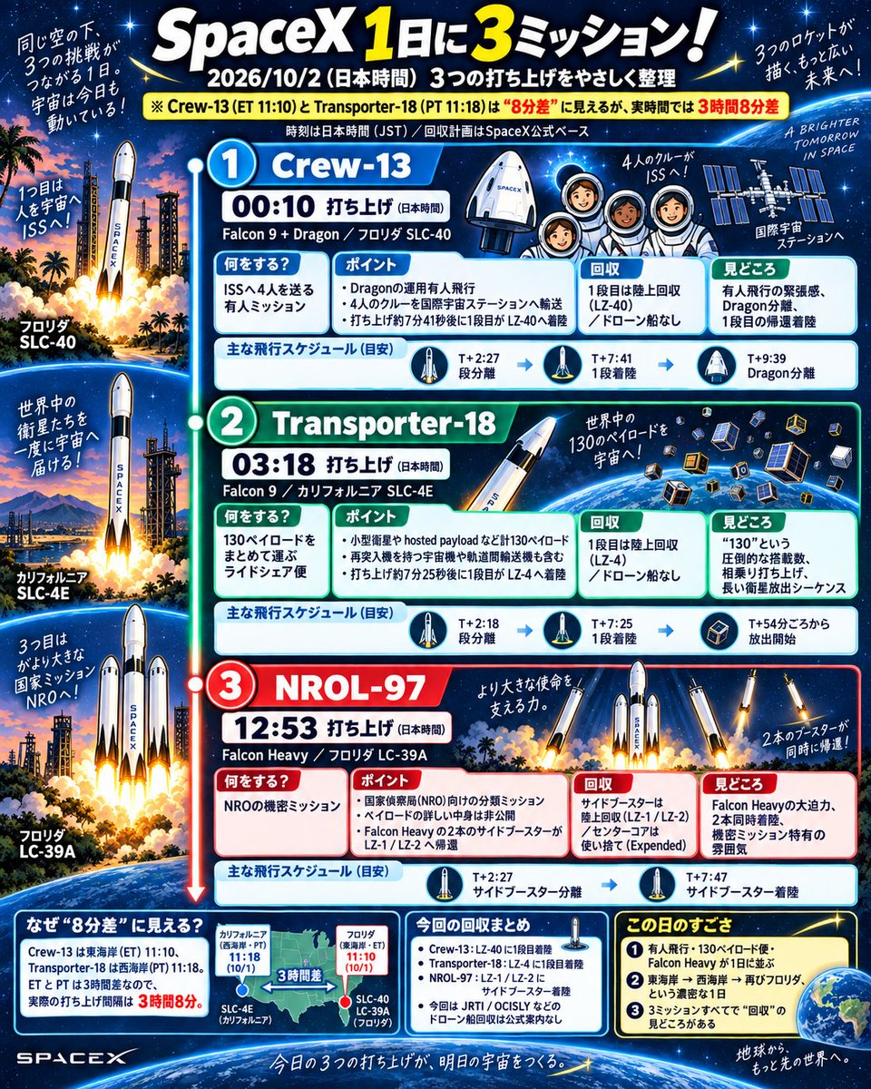 fujinumagic's tweet photo. 本日から明日にかけて、SpaceXが1日(というかほぼ半日)の間に3つの打ち上げミッションを行うのだけど、それをまとめてみた。 https://t.co/4oRBblz5Hv