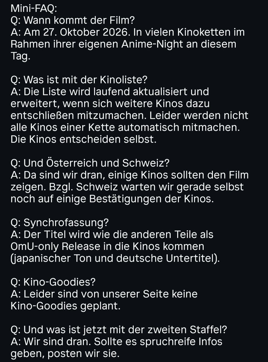 PepperAnime's tweet photo. Kleines Frage- und Antwort-Spiel.
Wichtigster Punkt: an der Schweiz sind wir dran, wir warten auf eine Bestätigung der Kinos. https://t.co/qRNttUDcfv