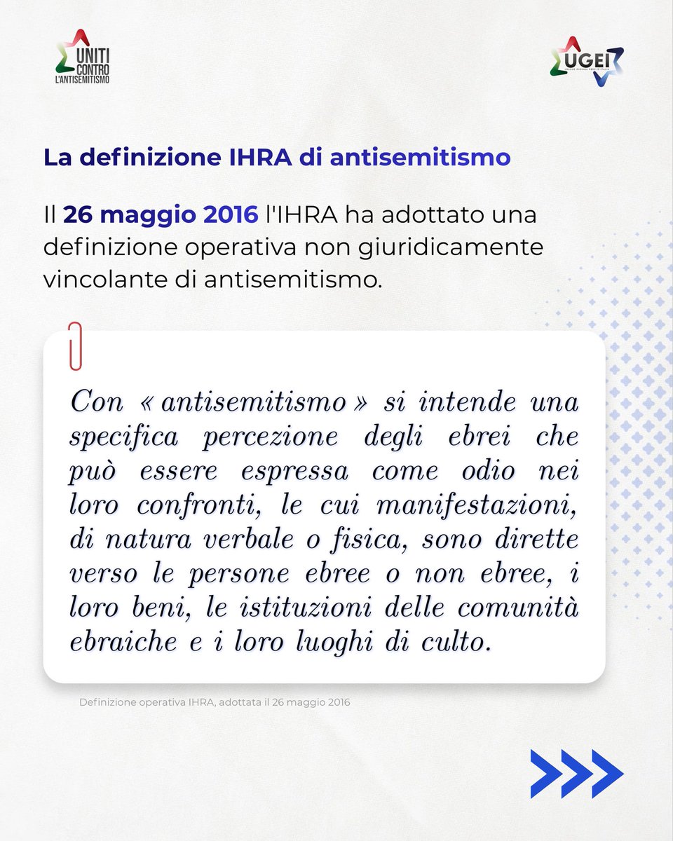 ugei_it's tweet photo. Che cos’è la definizione IHRA di #antisemitismo? E perché se ne parla tanto?

Adottata nel 2016, è uno strumento condiviso per riconoscere le forme contemporanee di antisemitismo, dagli stereotipi antiebraici alla negazione della Shoah.

#UnitiControLAntisemitismo https://t.co/xy6aKxj7l1