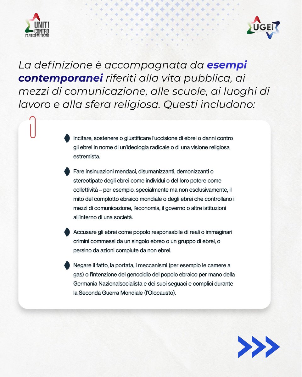 ugei_it's tweet photo. Che cos’è la definizione IHRA di #antisemitismo? E perché se ne parla tanto?

Adottata nel 2016, è uno strumento condiviso per riconoscere le forme contemporanee di antisemitismo, dagli stereotipi antiebraici alla negazione della Shoah.

#UnitiControLAntisemitismo https://t.co/xy6aKxj7l1