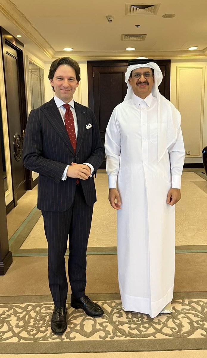 EUAmbQatar's tweet photo. Honoured to have my first meeting with H.E. Dr. Khaled Al Khater, Director of Policy Planning at the Ministry of Foreign Affairs of Qatar.

A valuable exchange on EU-Qatar relations and our shared commitment to further strengthening our partnership and cooperation across areas of mutual interest.

I look forward to working closely together. 🇪🇺🇶🇦