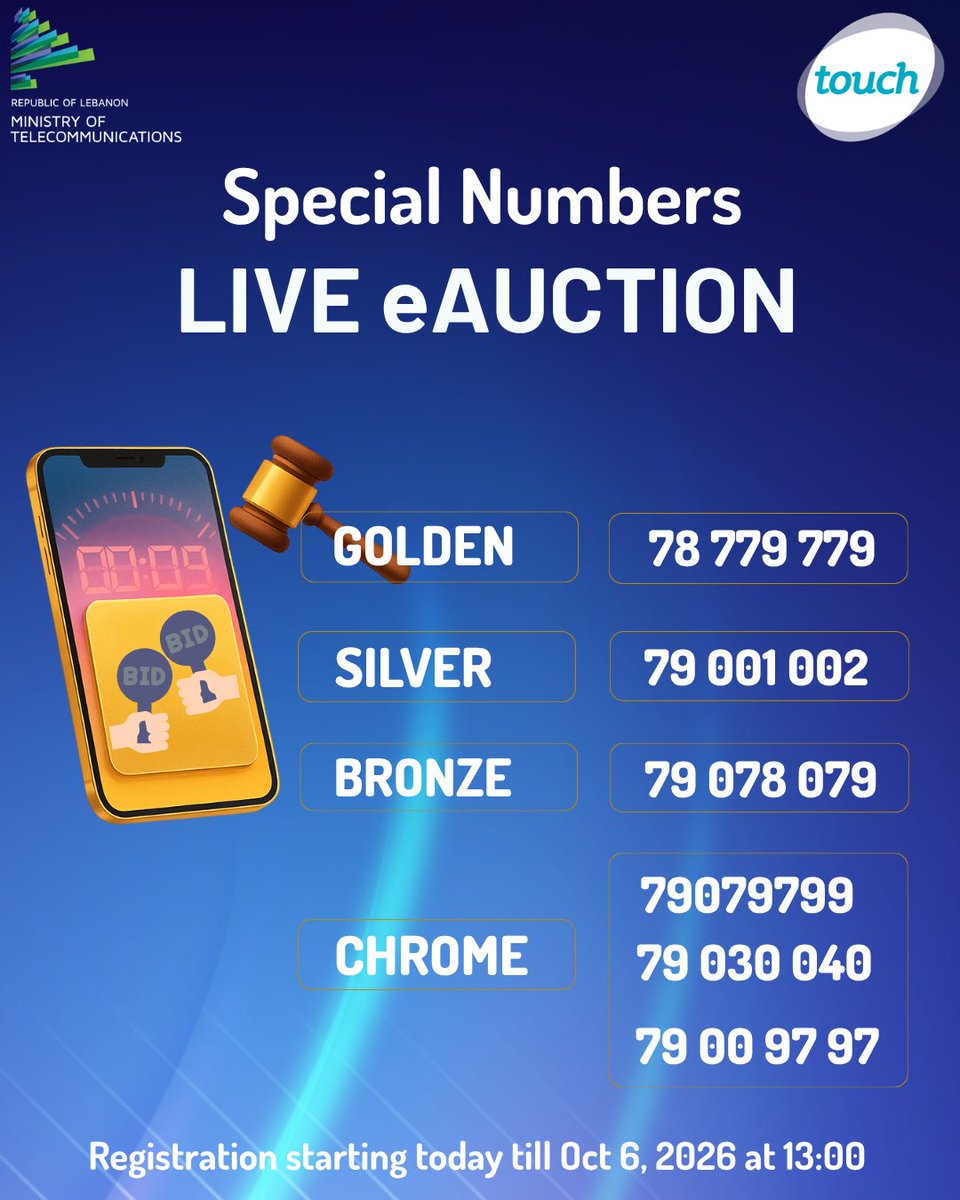 touchLebanon's tweet photo. Touch live eAuction! Special Numbers, available now for bidding.
Sign in and register via touch app or website until June 30, 2026 at 13:00 to access the e-Auction page!
You can also use the following link: https://t.co/gwARuPh63X https://t.co/0UcN7UU1Zr