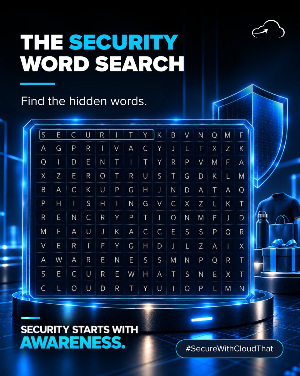 cloudthat's tweet photo. Your eyes vs. 15 hidden cybersecurity terms.
We've already found the first one, so you've got the rest.
Some will jump out at you straight away.
Others are hiding in plain sight, which is exactly how real security risks work.
Drop your score out of 15 in the comments and tell us which word you spotted first.
Then tag a friend who thinks they'd beat you.
It's our way of kicking off Cybersecurity Awareness Month, because security starts with awareness.
#CloudThat #Cybersecurity #CybersecurityAwarenessMonth #CyberAwareness #CloudSecurity #InformationSecurity #CyberSafety #SecureWithCloudThat #WordSearch #TechPuzzle